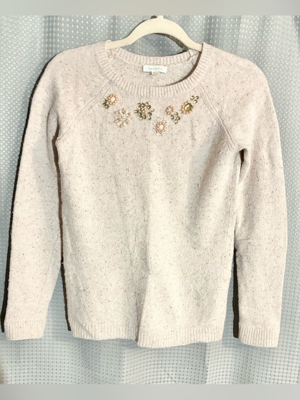 Garnet Hill Lambswool Crewneck Sweater Sz XS Bead Embellishments Soft Cozy